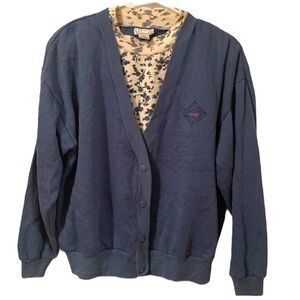 PHR Basics Cardigan Sweater Blue Mockneck Floral